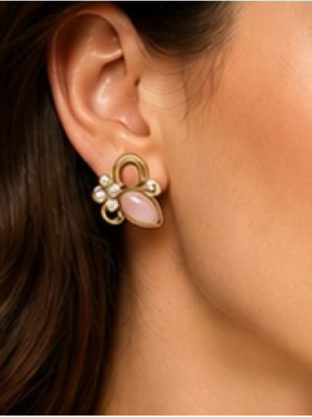 Vintage Trifari Pink Cabochon Faux Pearl Rhinestone Clip-On Earrings